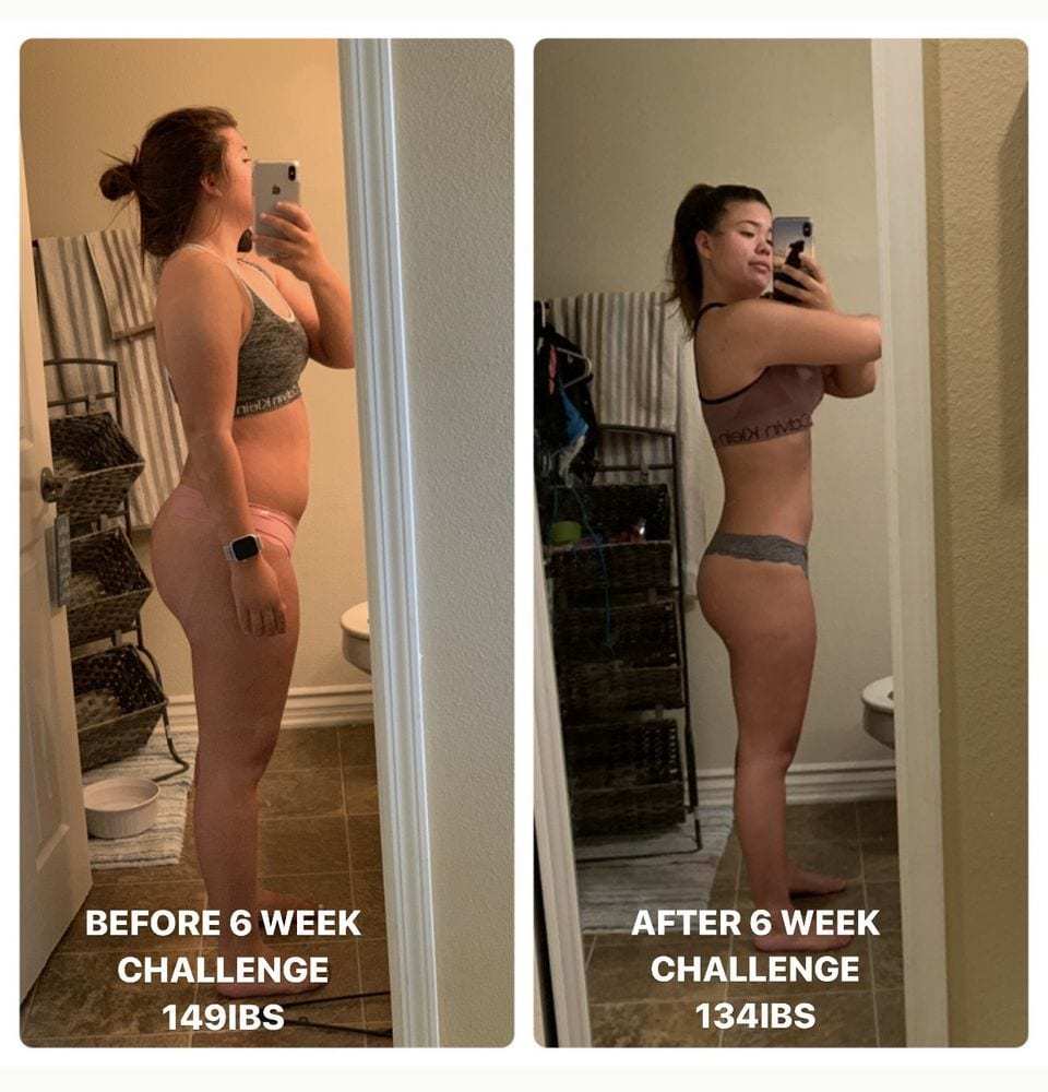 Side-on client progress photos labelled before and after a six-week program, 149 lbs to 134 lbs