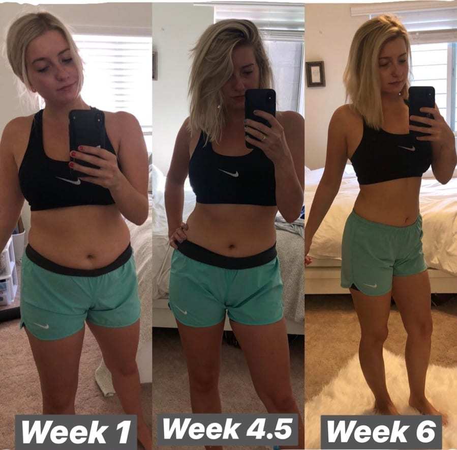 Three client progress photos labelled week 1, week 4.5 and week 6