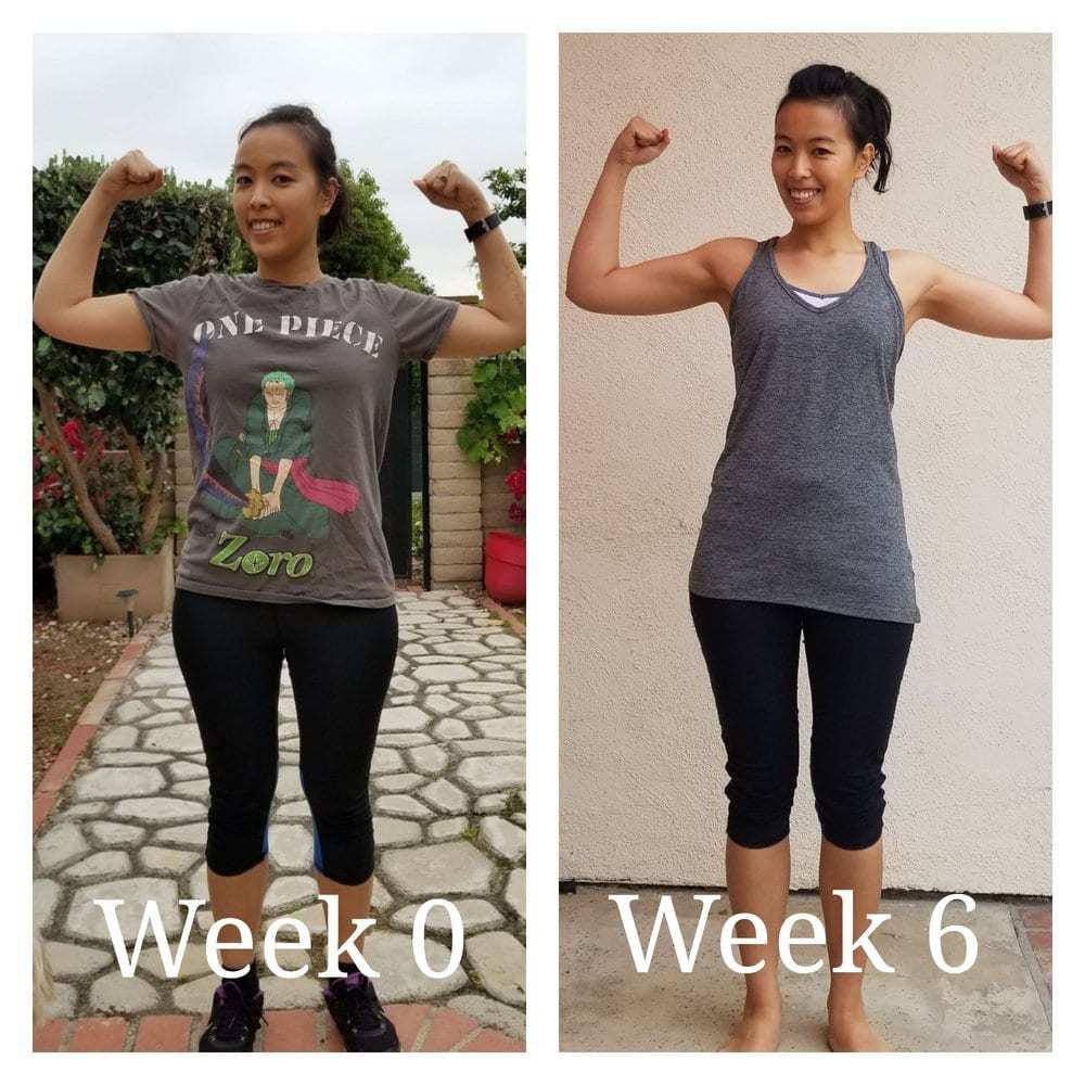Two client progress photos labelled week 0 and week 6