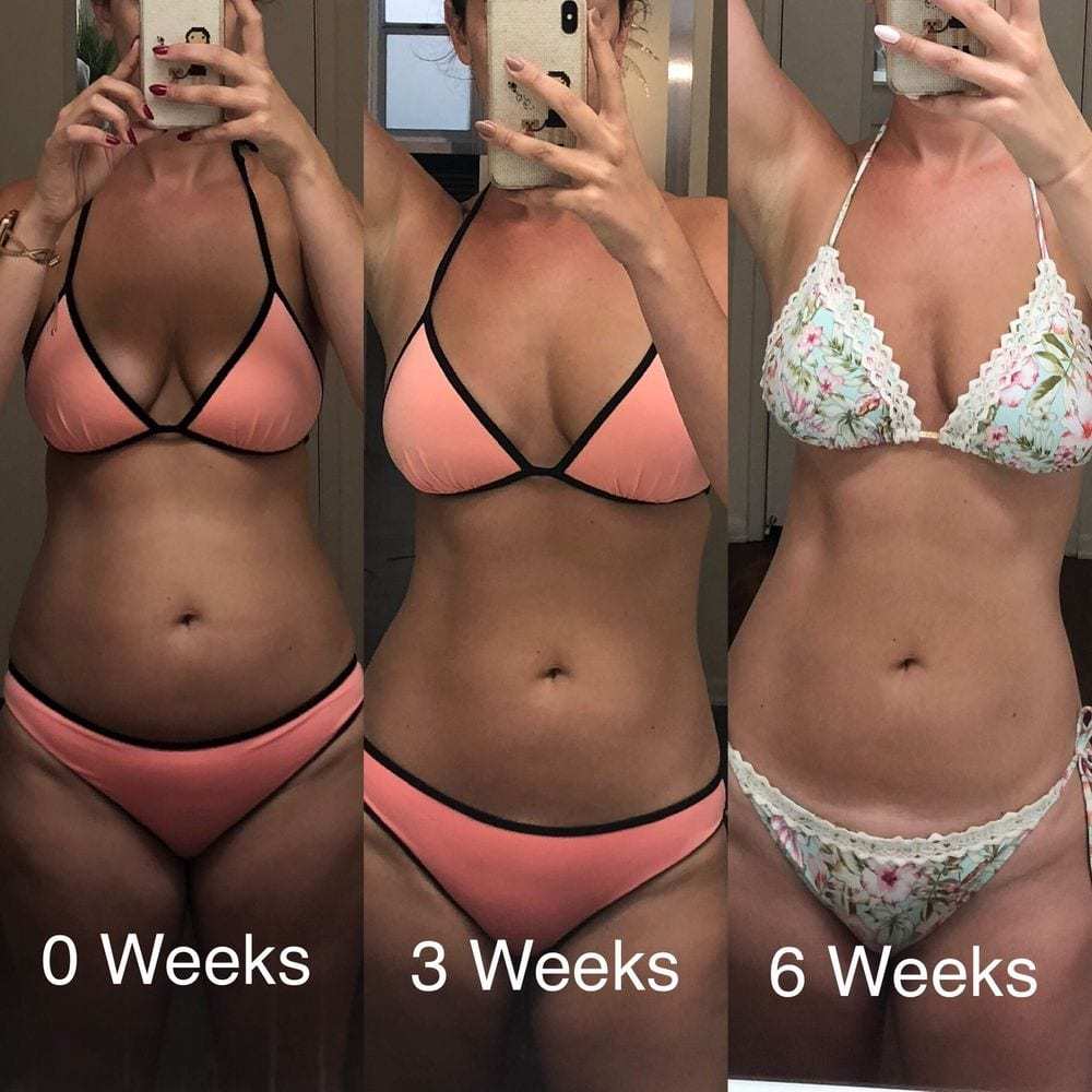 Three client progress photos labelled 0 weeks, 3 weeks and 6 weeks